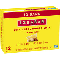 LÄRABAR Lemon Bar box front highlighting simple, gluten-free vegan ingredients.