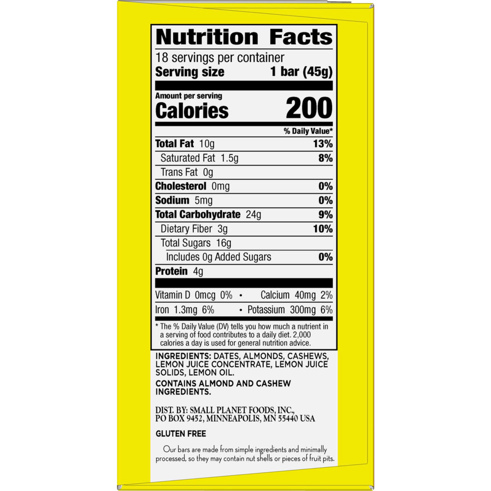 LÄRABAR Lemon Bar ingredients list shows dates, nuts, and lemon components