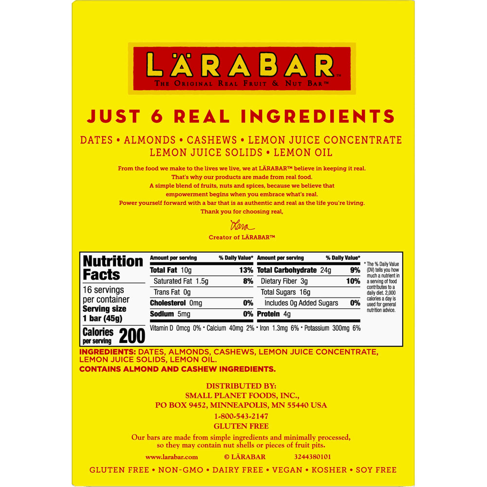 LÄRABAR Lemon Bar on-the-go snack in a bag for quick travel fuel.