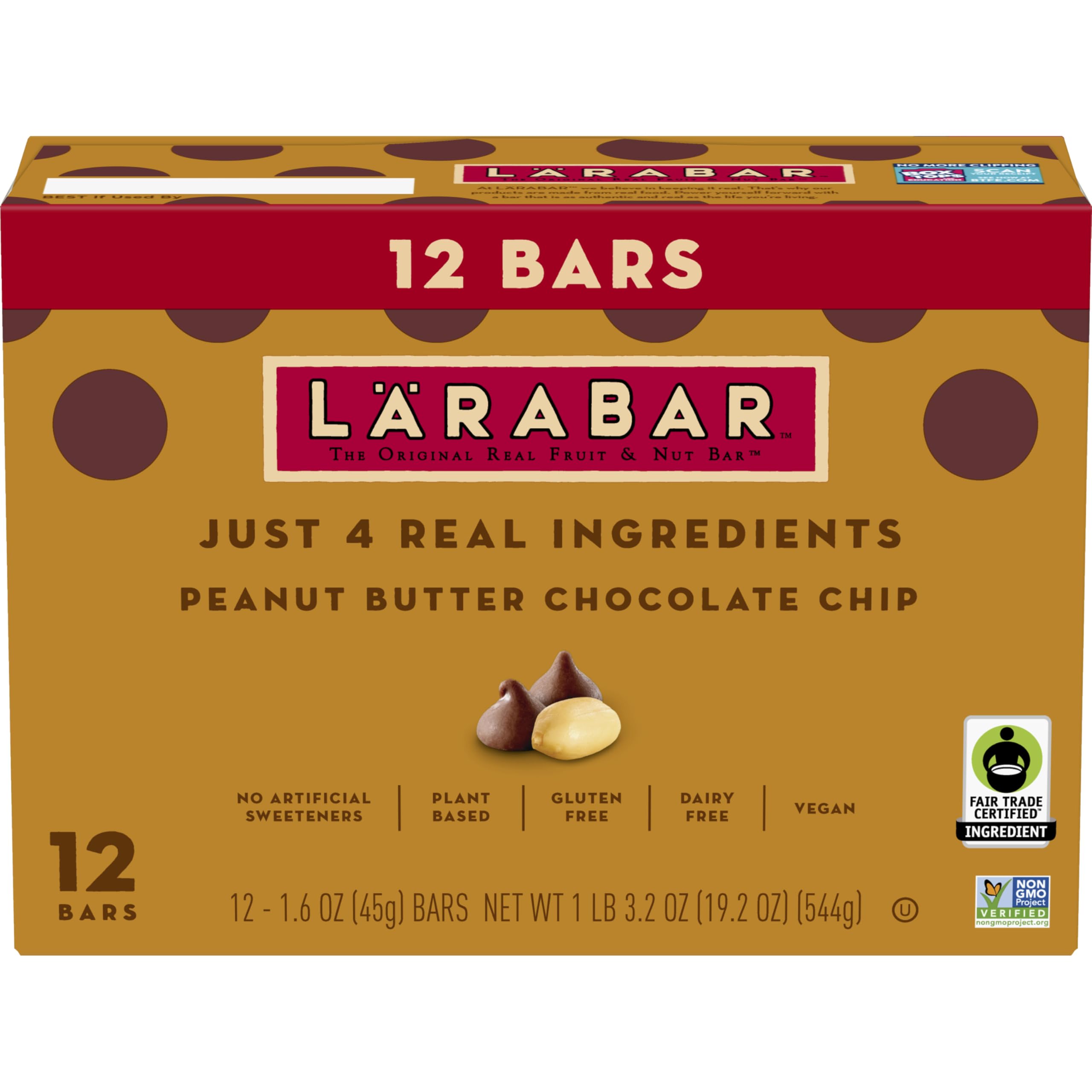 LÄRABAR Peanut Butter Chocolate Chip packaging emphasizes gluten-free and vegan credentials