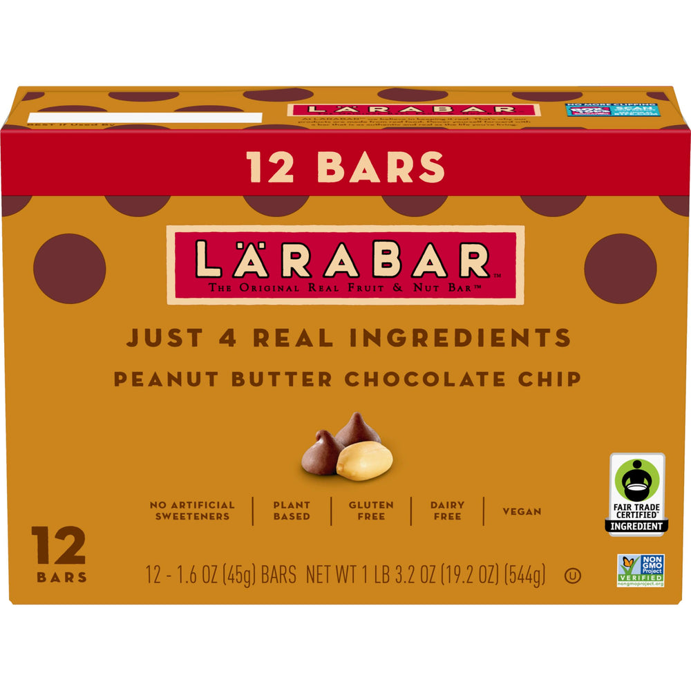 LÄRABAR Peanut Butter Chocolate Chip packaging emphasizes gluten-free and vegan credentials