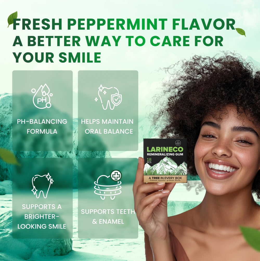 Larineco biodegradable chewing gum shown in eco-friendly packaging