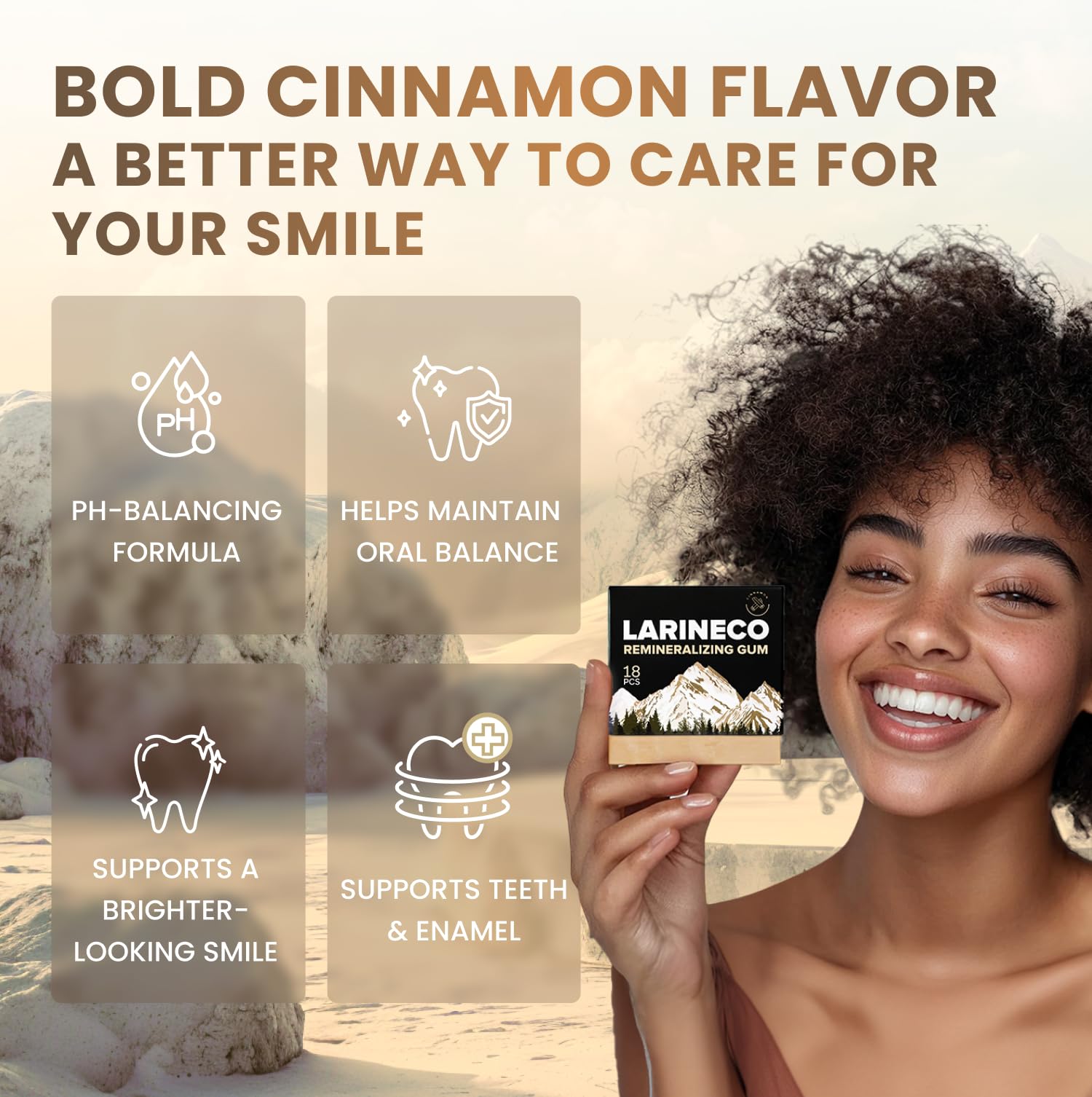 Larineco remineralizing gum cinnamon biodegradation wrapper communicates plastic-free, eco-conscious chewing