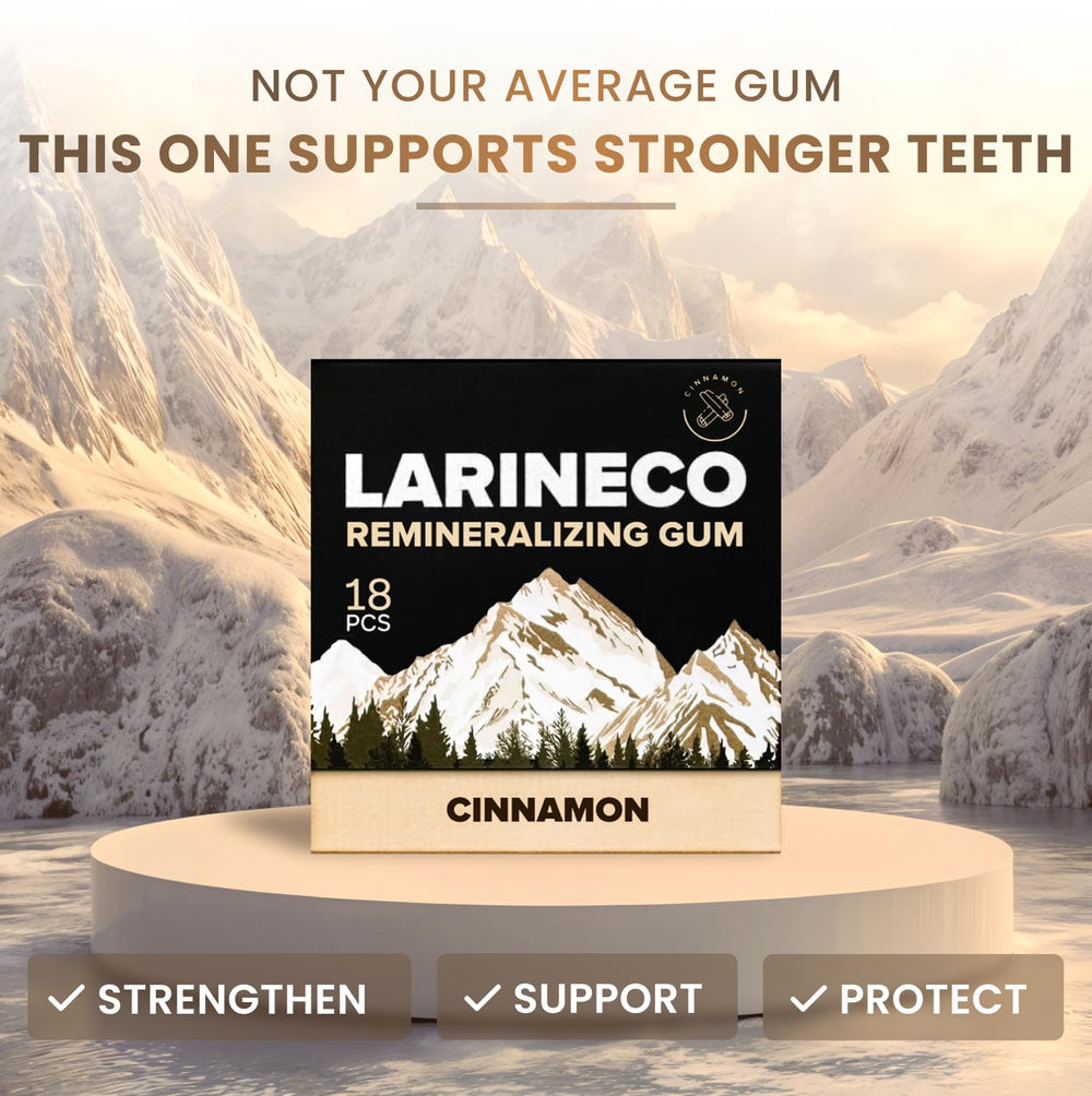 Larineco remineralizing gum cinnamon gum piece shows sugar-free, xylitol-sweetened flavor