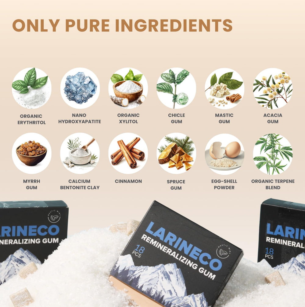 Larineco remineralizing gum cinnamon natural base image highlights clean, plant-based chew