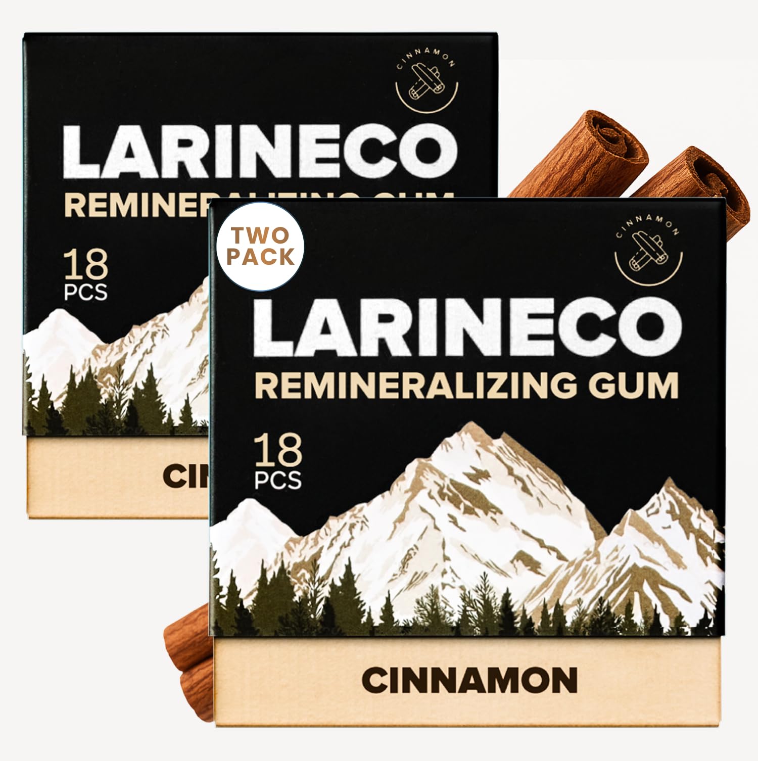 Larineco remineralizing gum cinnamon packaging highlights eco-friendly wrap for sustainable chewing