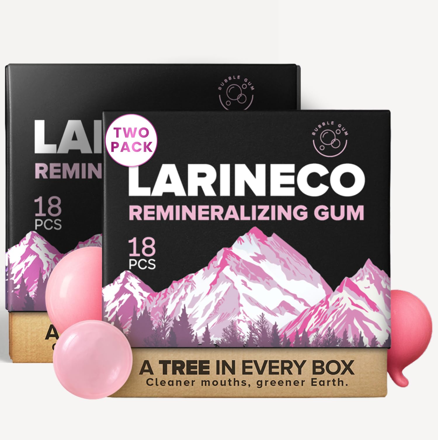 Larineco Remineralizing Gum with nano-hydroxyapatite — close-up packaging showing enamel support.