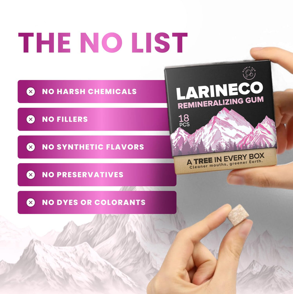 Larineco Remineralizing Gum natural-mint flavor close-up promises refreshing chew.