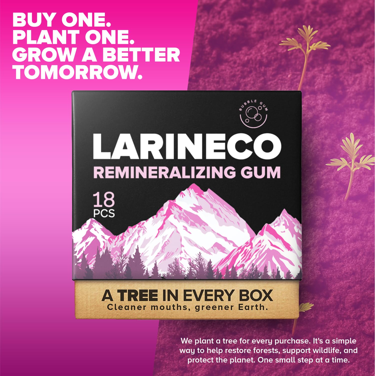 Larineco Remineralizing Gum on-the-go scene shows convenient mint chewing.