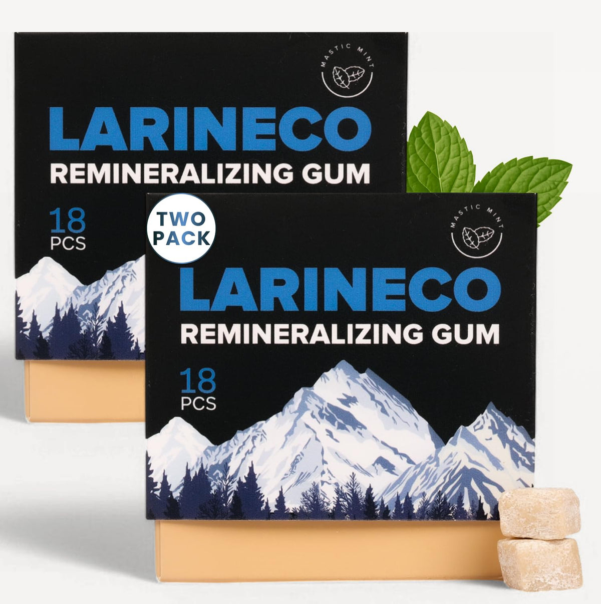 Larineco Remineralizing Gum packaging on display, eco-friendly and plastic-free