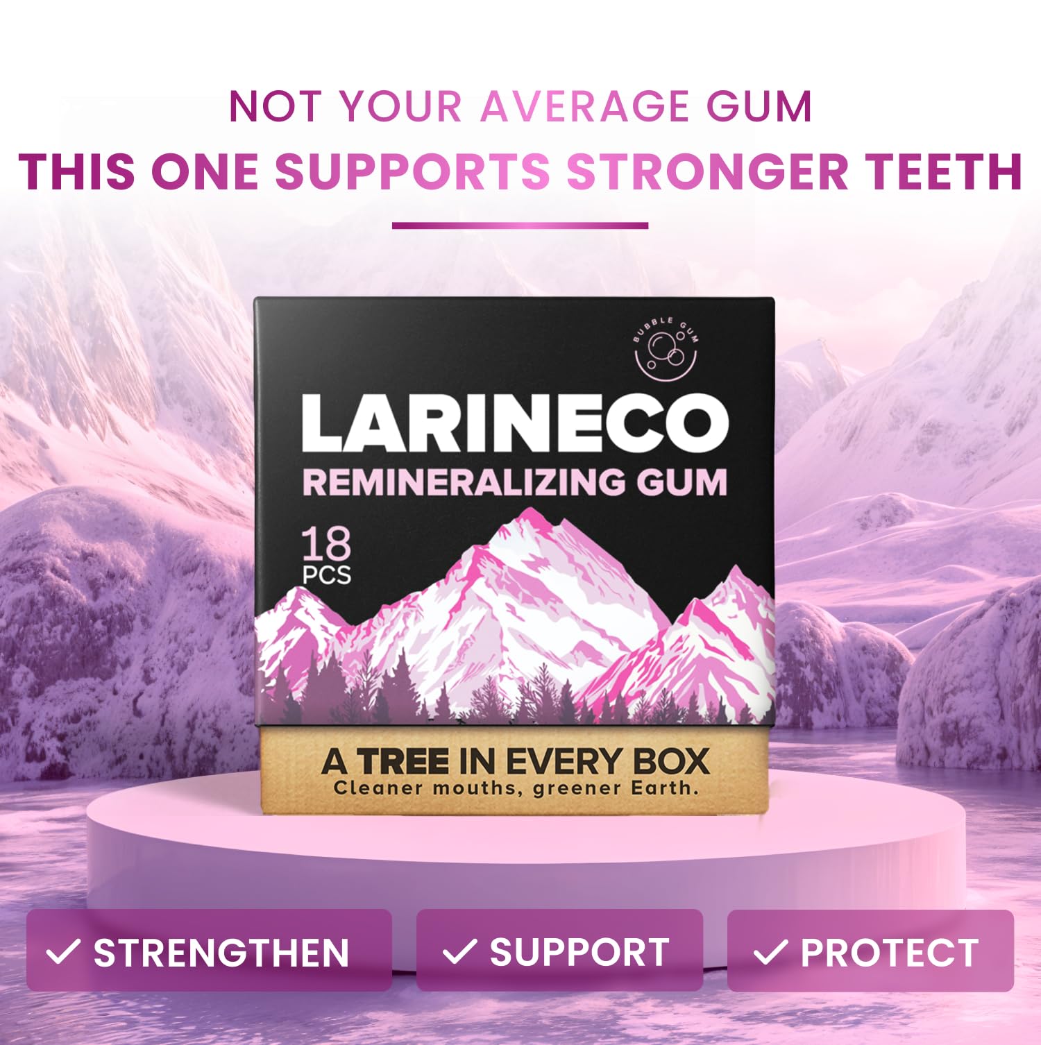 Larineco Remineralizing Gum xylitol close-up highlights sugar-free freshness for on-the-go chewing.