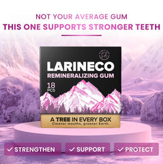 Larineco Remineralizing Gum xylitol close-up highlights sugar-free freshness for on-the-go chewing.