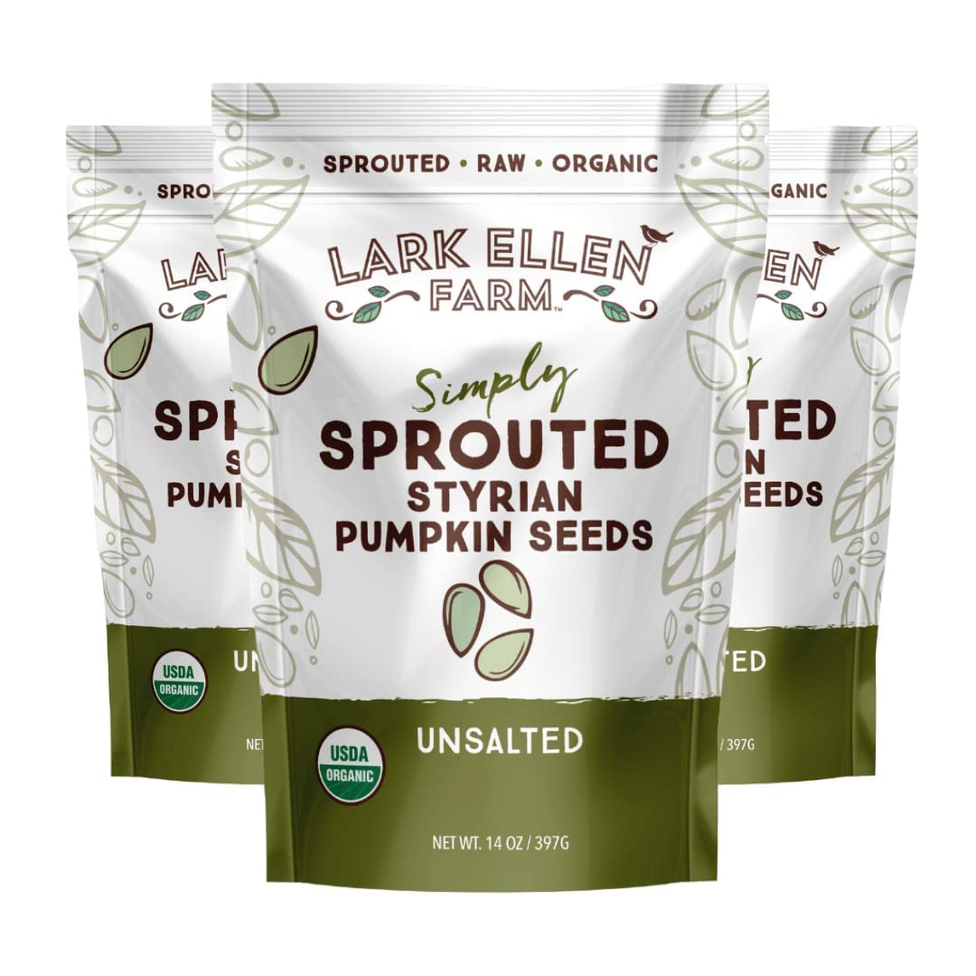 Lark Ellen Farm front packaging of sprouted pumpkin seeds, ready-to-snack and organic.