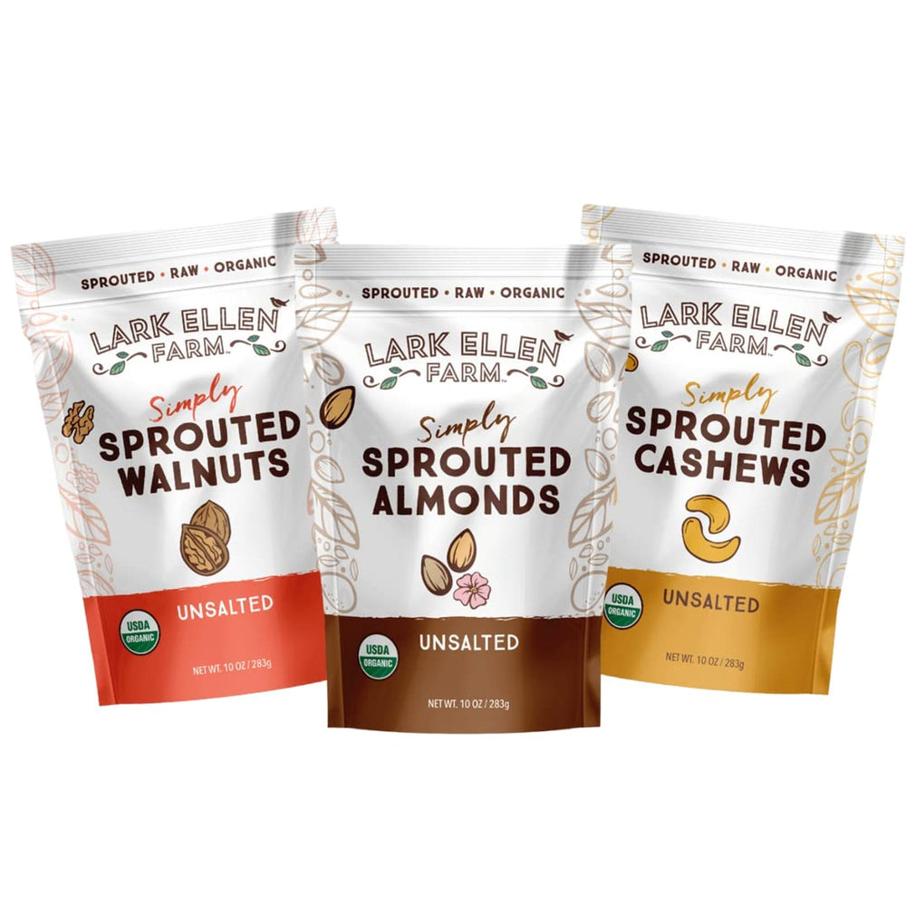 Lark Ellen Farm sprouted almonds 10oz in bag, convenient, crunchy snack.
