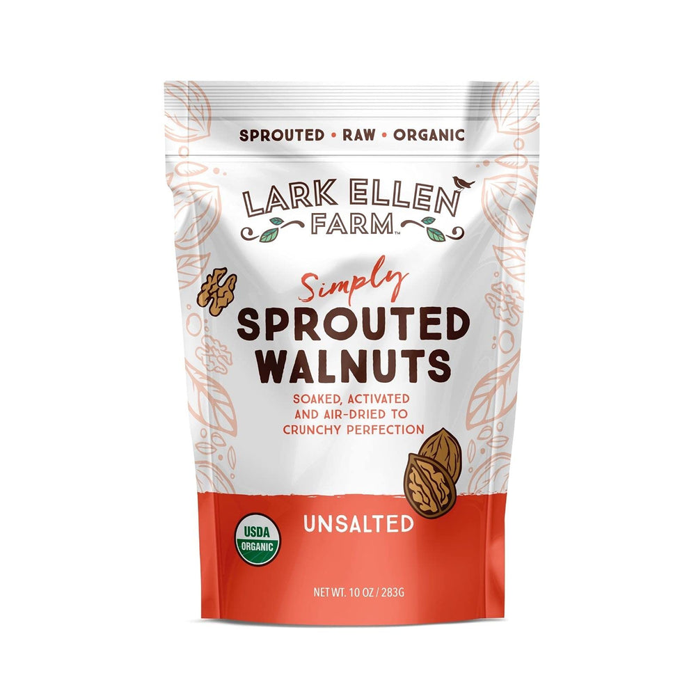 Lark Ellen Farm sprouted walnuts unsalted package front, ideal keto-friendly snack