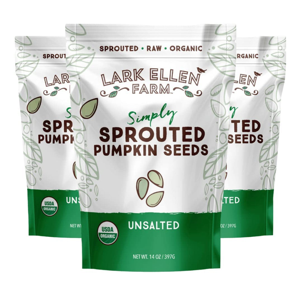 Lark Ellen Farm sprouted pumpkin seeds in a resealable bag for on-the-go snacking.
