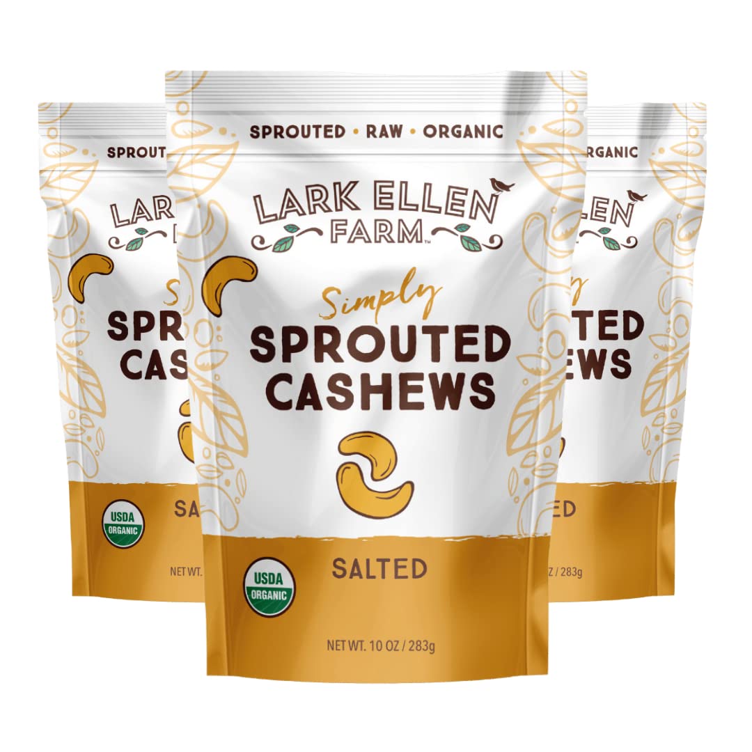 Lark Ellen Farm Sprouted Salted Cashews 3-pack front view for convenient healthy snacking.