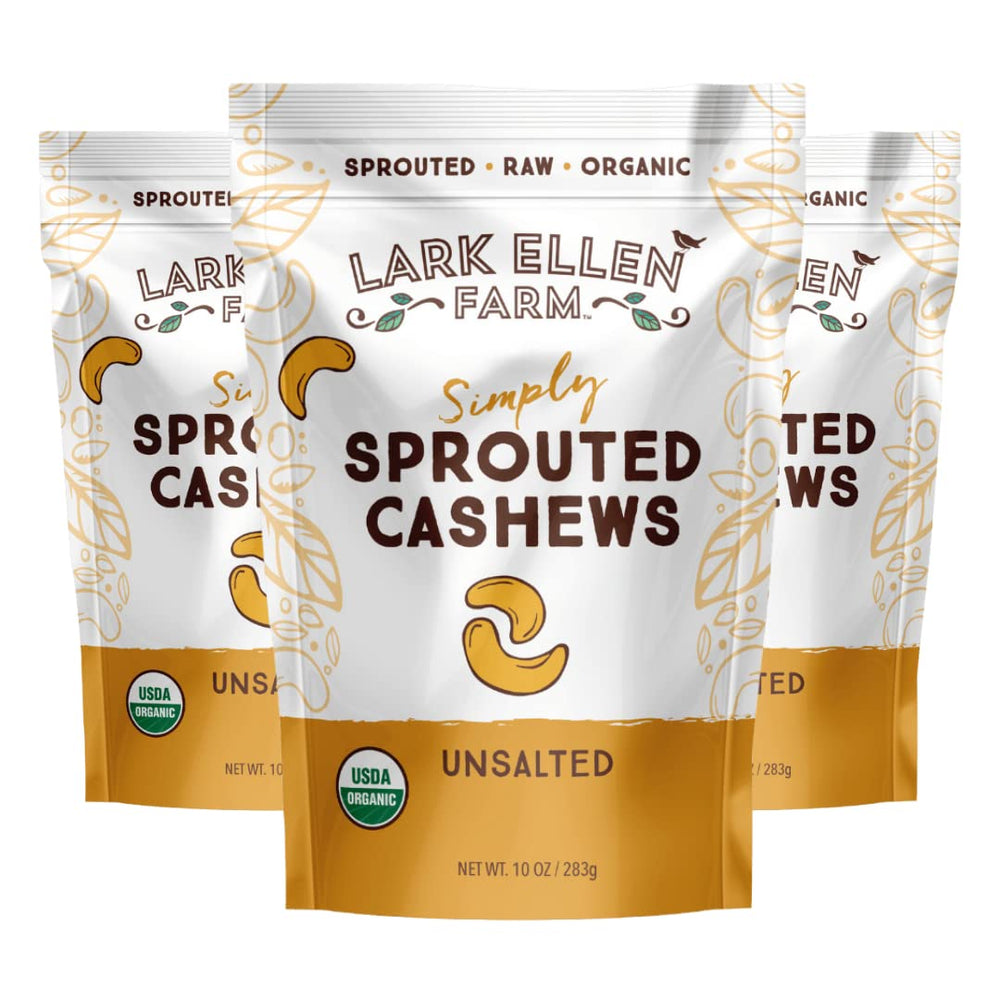 Lark Ellen Farm unsalted organic sprouted cashews in packaging for easy pantry storage and snacking