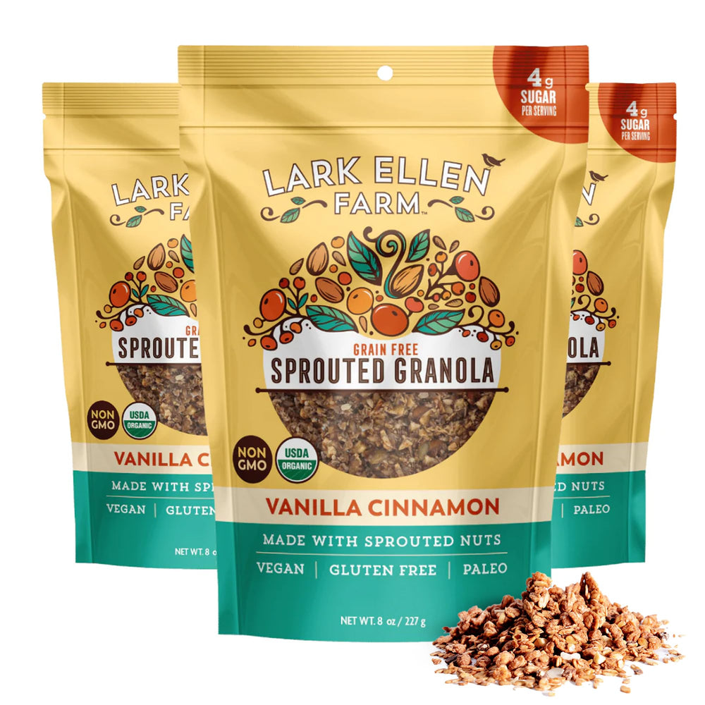 Lark Ellen Farm Vanilla Cinnamon Granola Clusters in resealable bag for on the go snacking