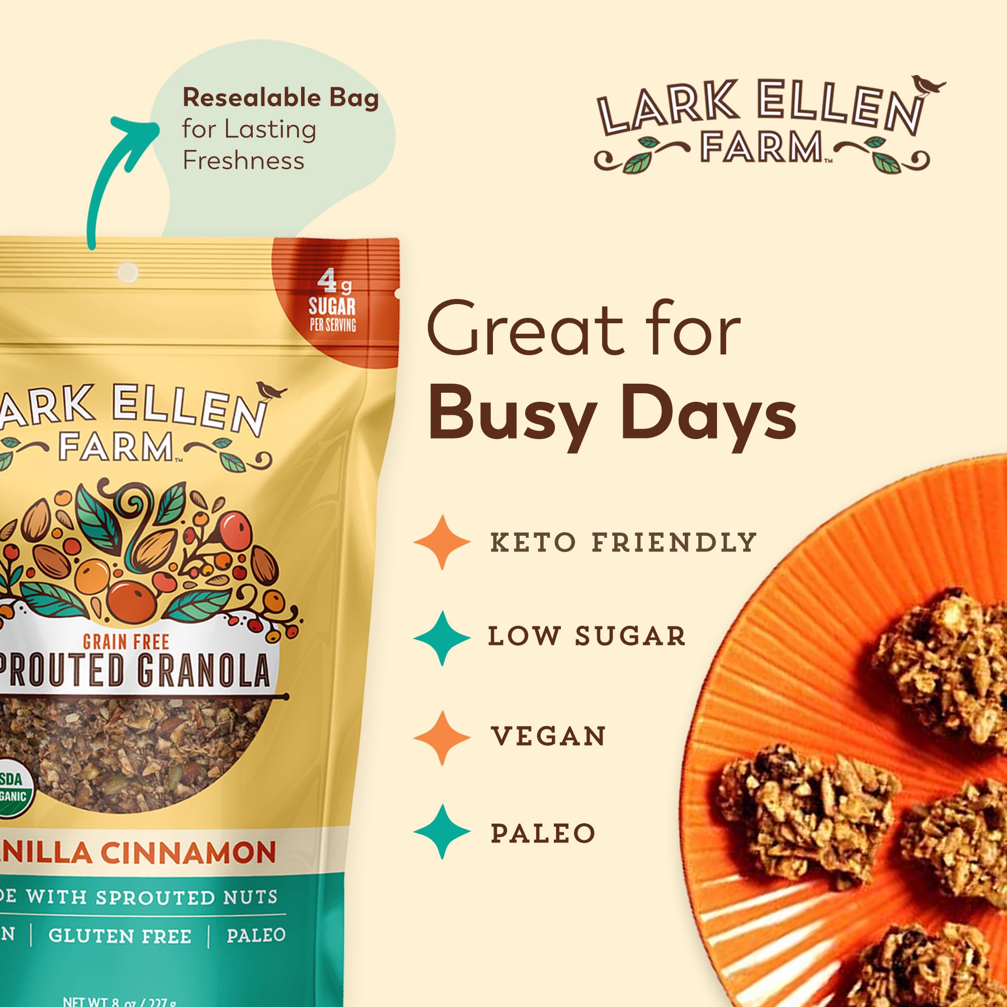 Lark Ellen Farm packaging highlights organic and gluten free granola clusters