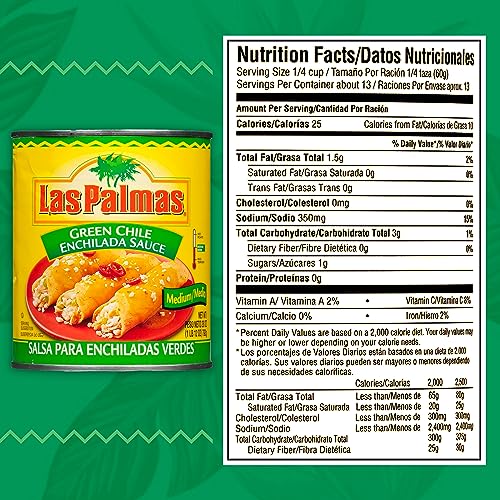 Las Palmas Green Chile Enchilada Sauce pouring over sizzling enchiladas adds flavor.