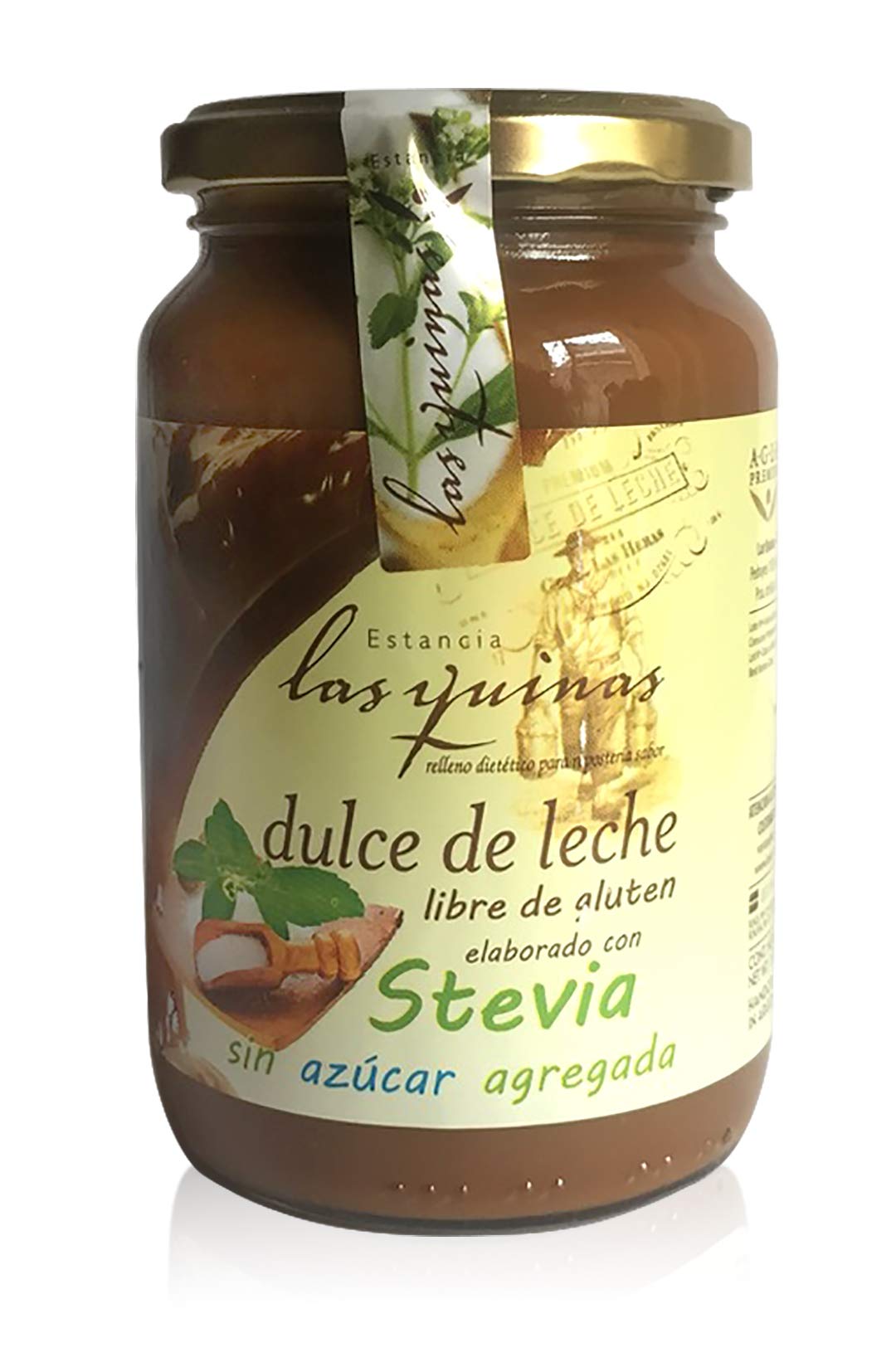 Las Quinas caramel topping serving spoon over jar; great for desserts.
