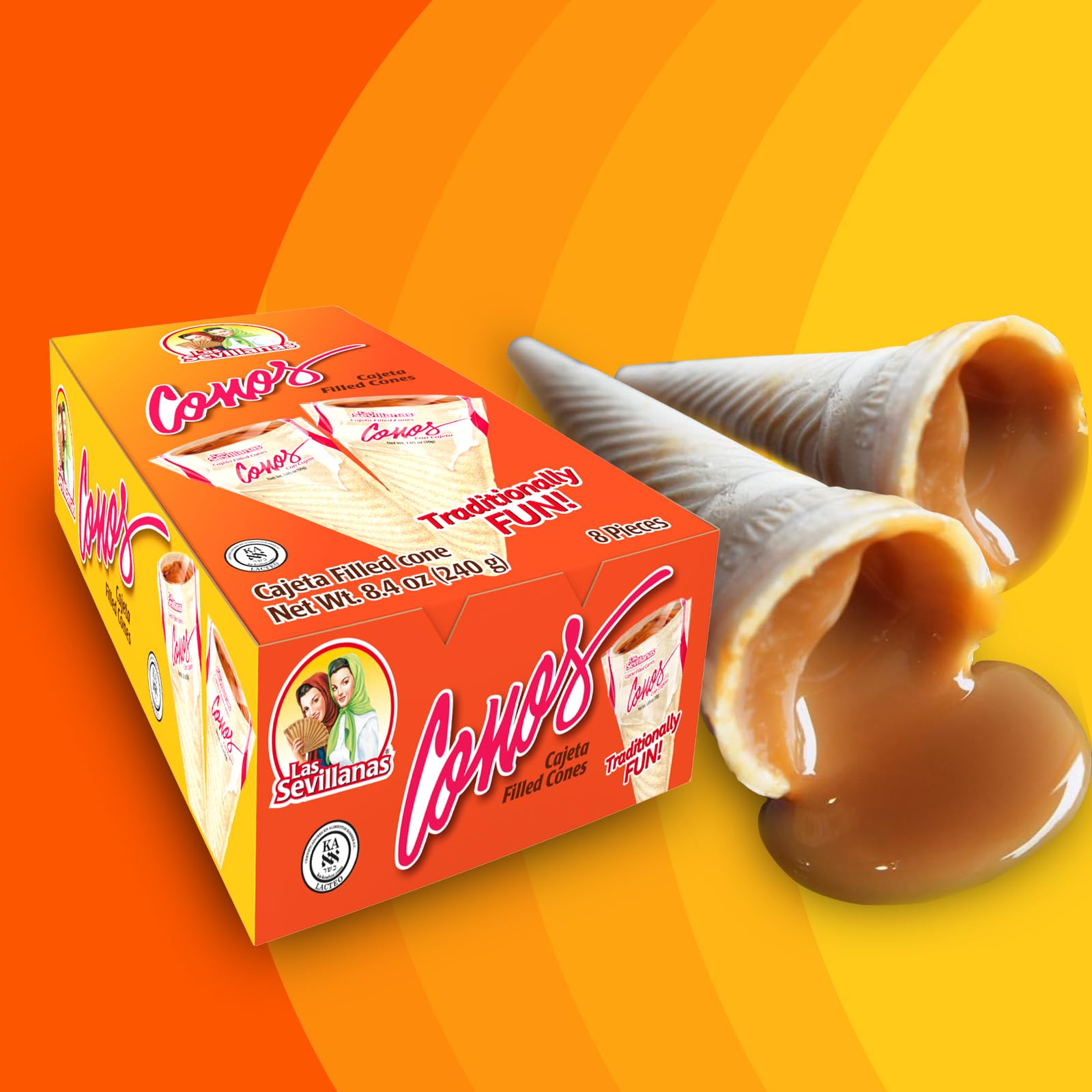 Las Sevillanas Cajeta-filled waffle cone packaging showing freshness seal