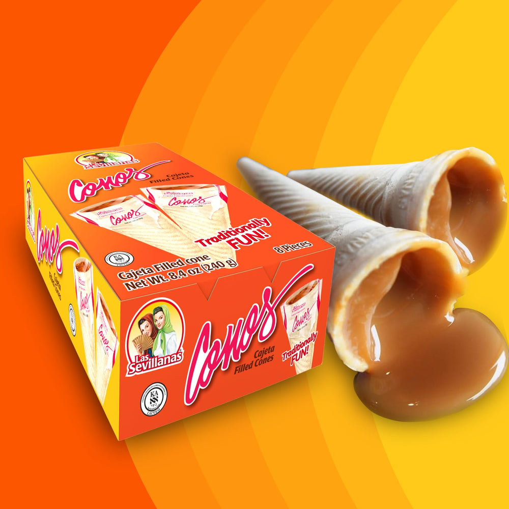 Las Sevillanas Cajeta-filled waffle cone packaging showing freshness seal