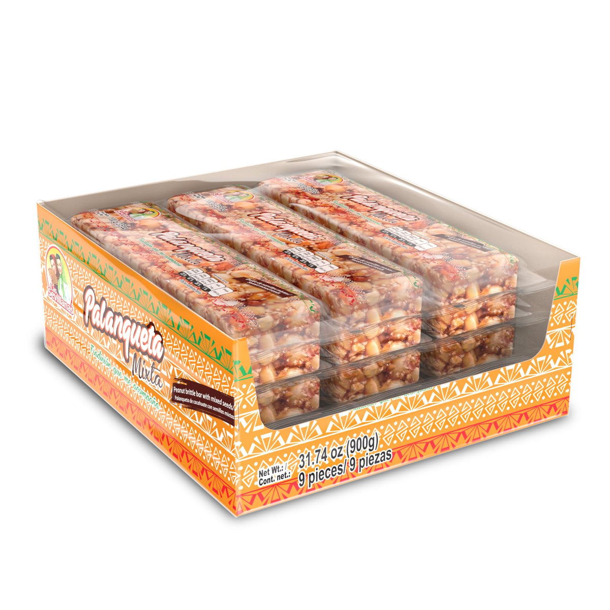 Las Sevillanas Palanqueta Mixta peanut brittle bar close-up showing nuts and seeds for a protein-boosting snack