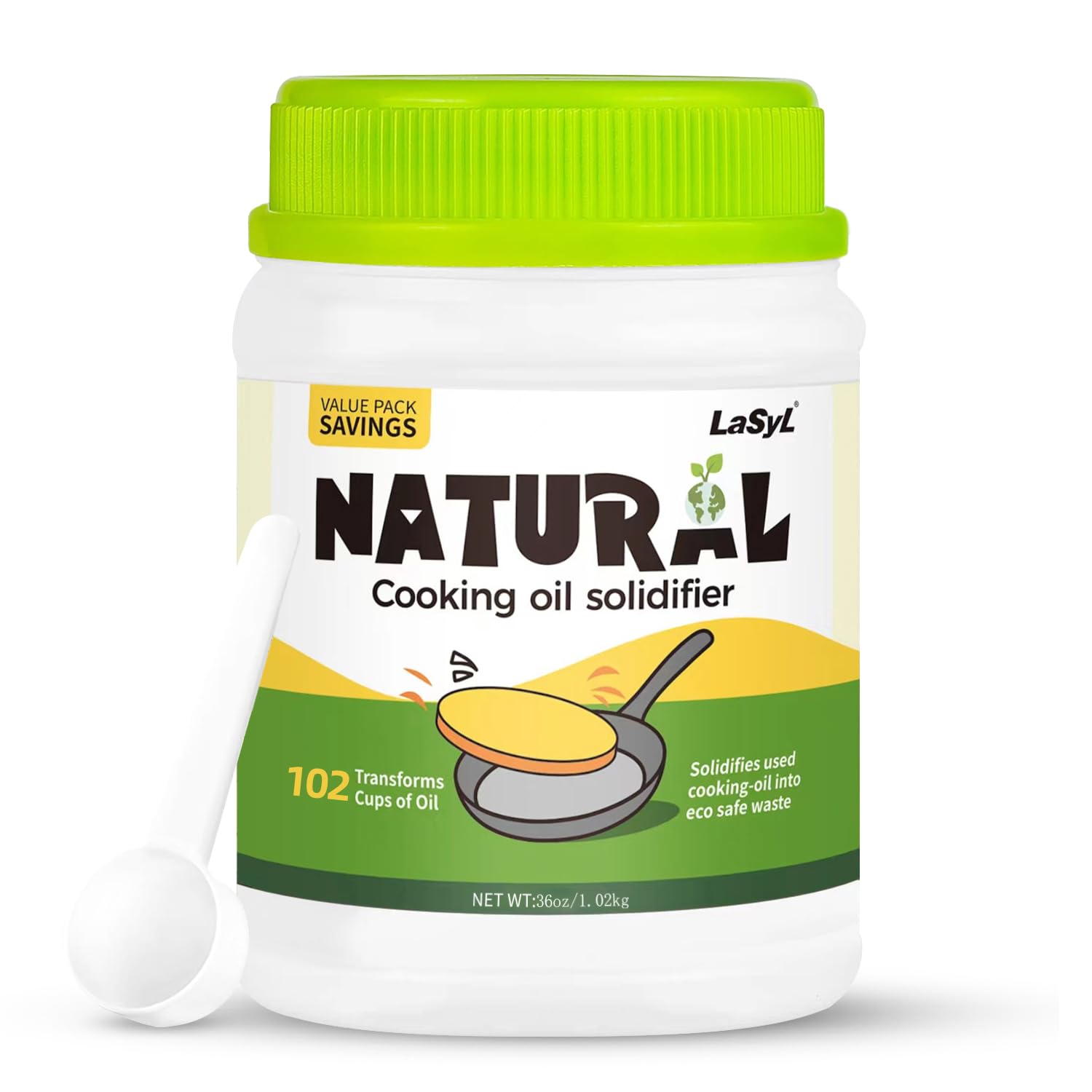 LaSyL natural cooking oil solidifier powder in a jar for clean, easy disposal of used oil.