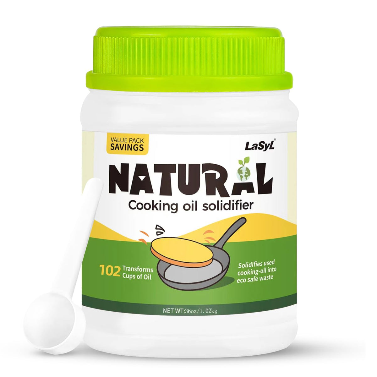 LaSyL natural cooking oil solidifier powder in a jar for clean, easy disposal of used oil.