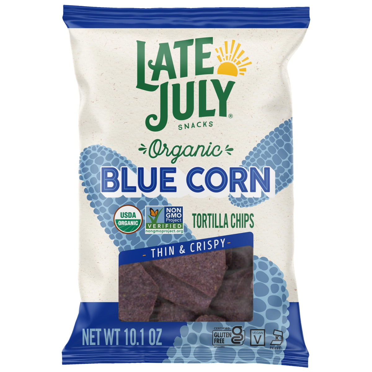 Late July blue corn tortilla chips bag front, organic and gluten-free snack for gatherings.
