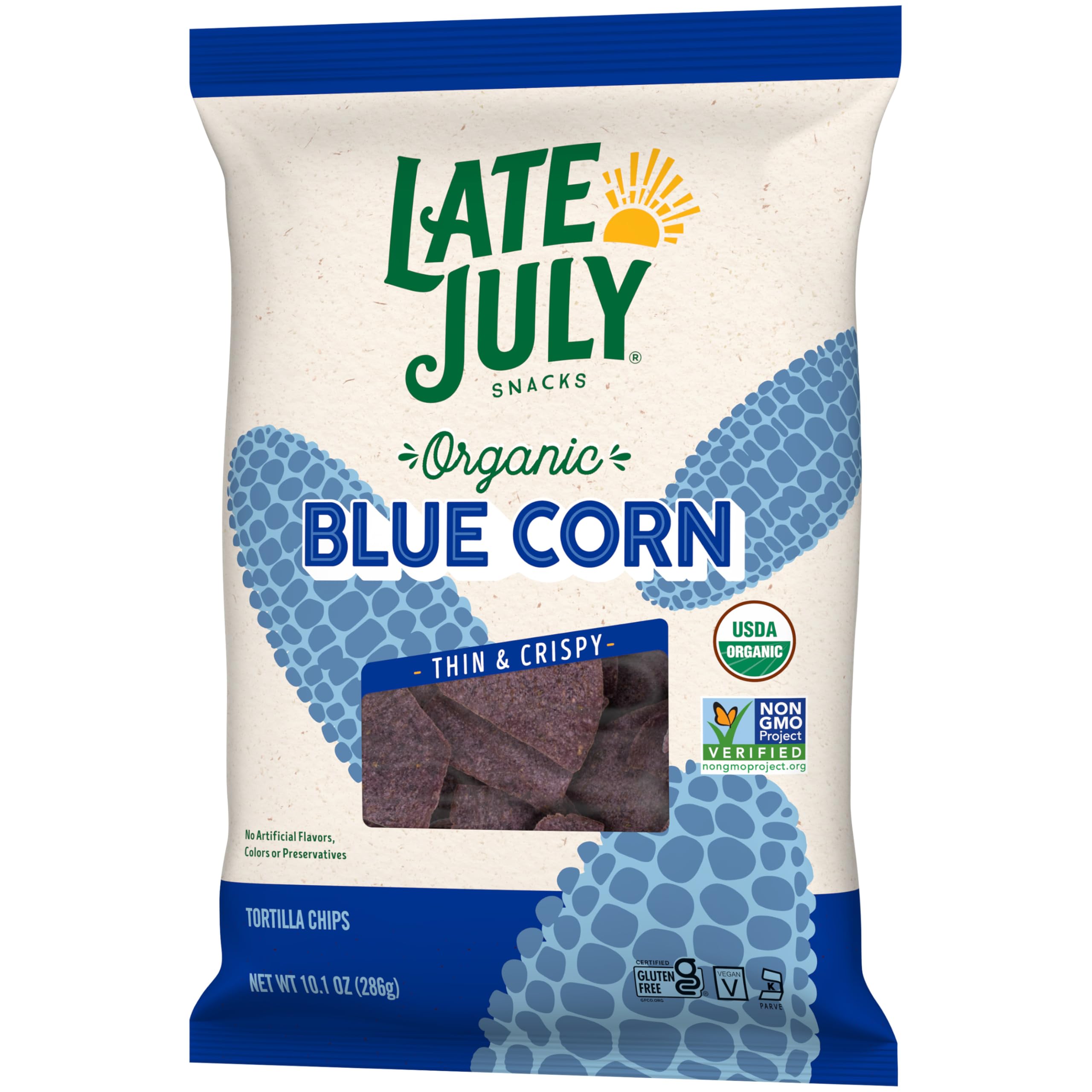 Late July blue corn chips in a casual bowl setup for snacking.