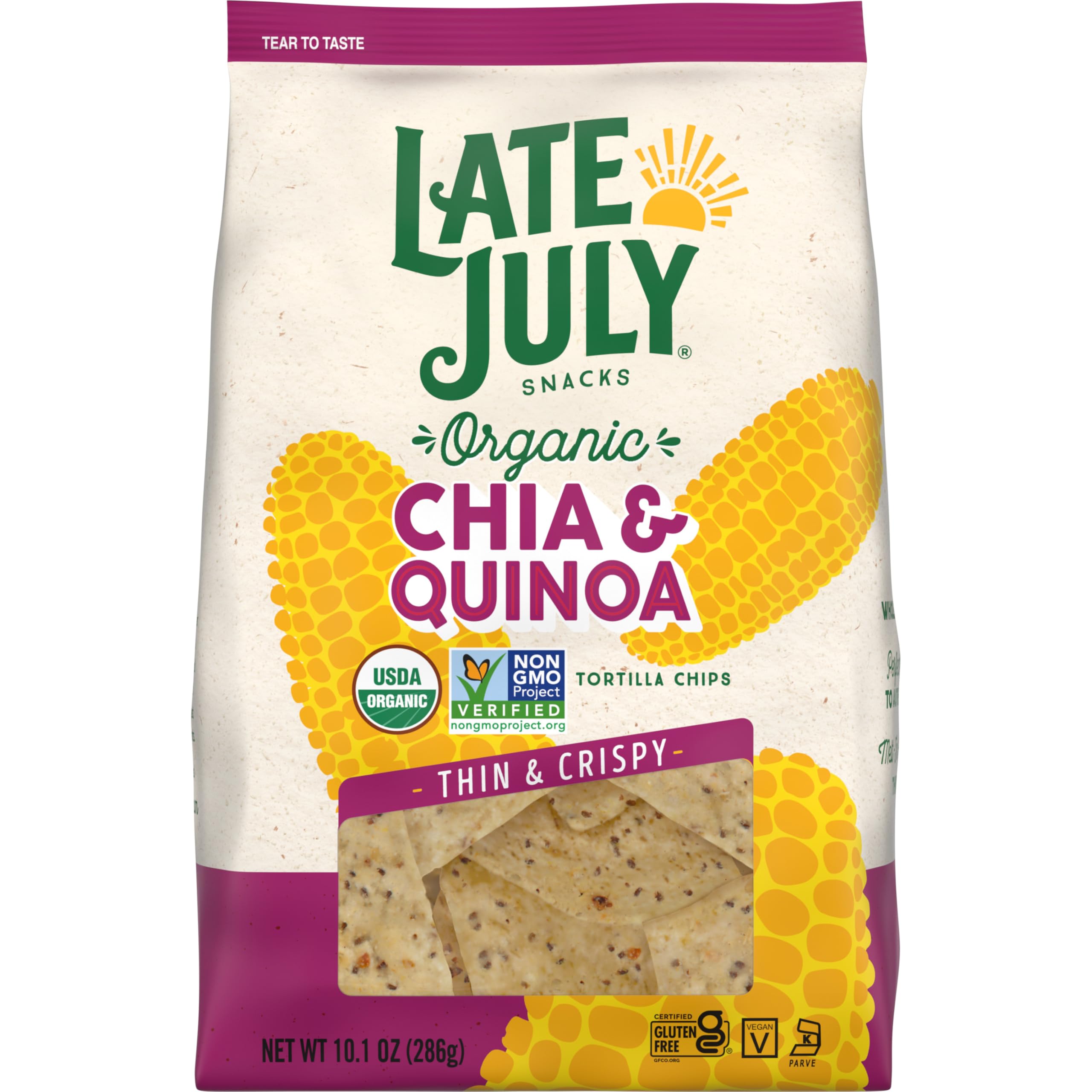 Late July chia-quinoa organic tortilla chips bag ready for salsa dipping.
