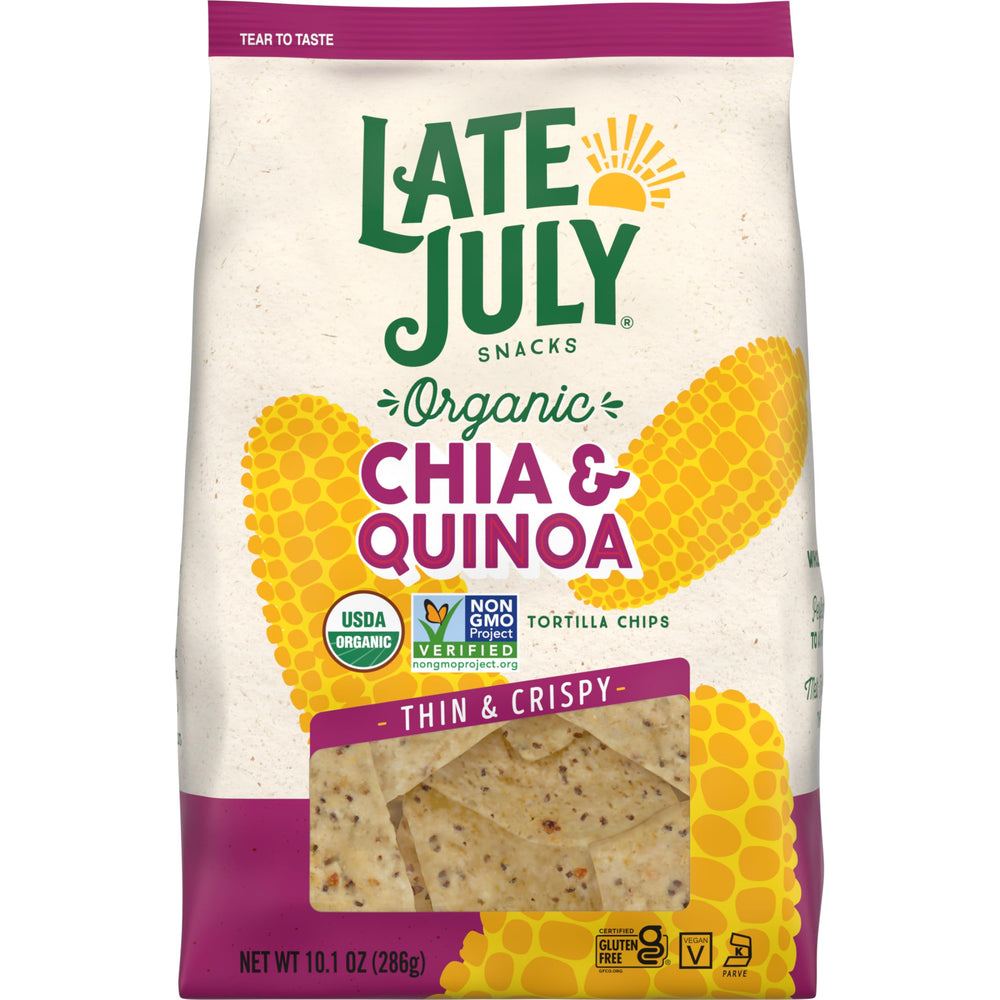 Late July chia-quinoa organic tortilla chips bag ready for salsa dipping.