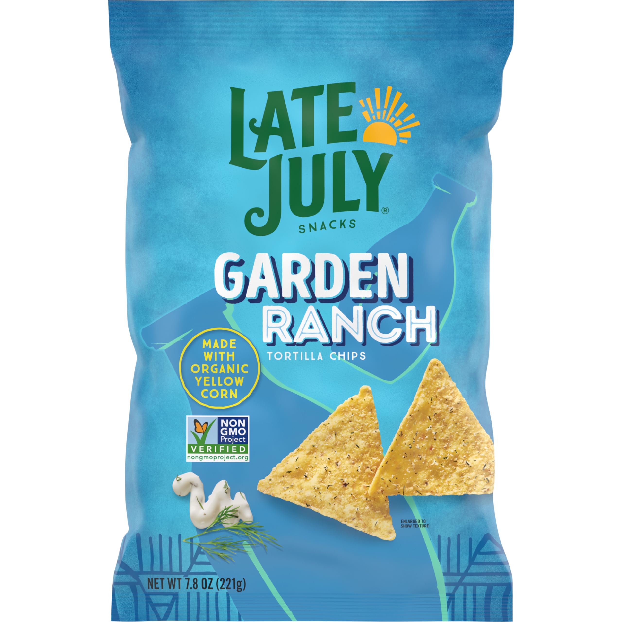 Late July Garden Ranch tortilla chips in front of bag, bold flavor ready to enjoy.
