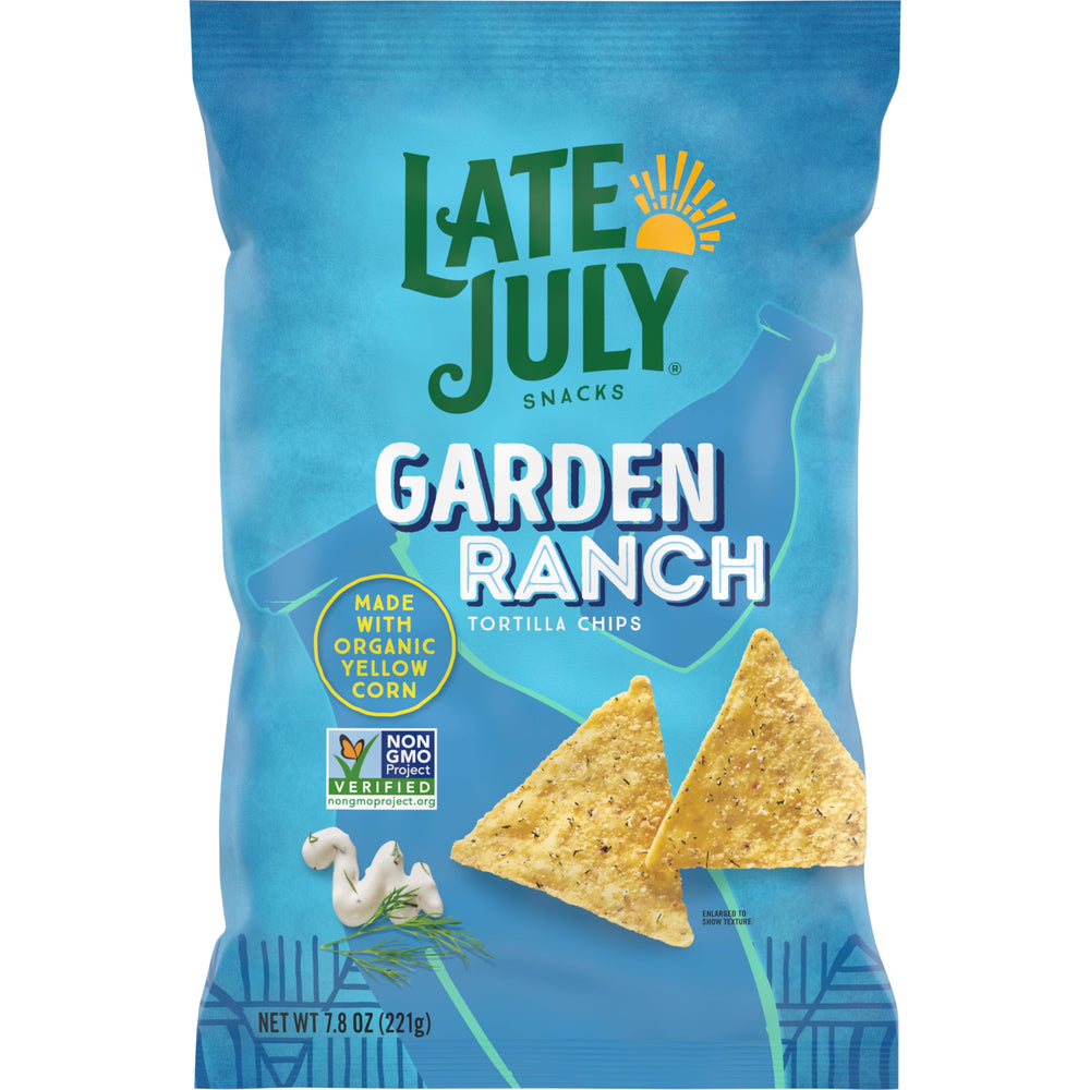 Late July Garden Ranch tortilla chips in front of bag, bold flavor ready to enjoy.