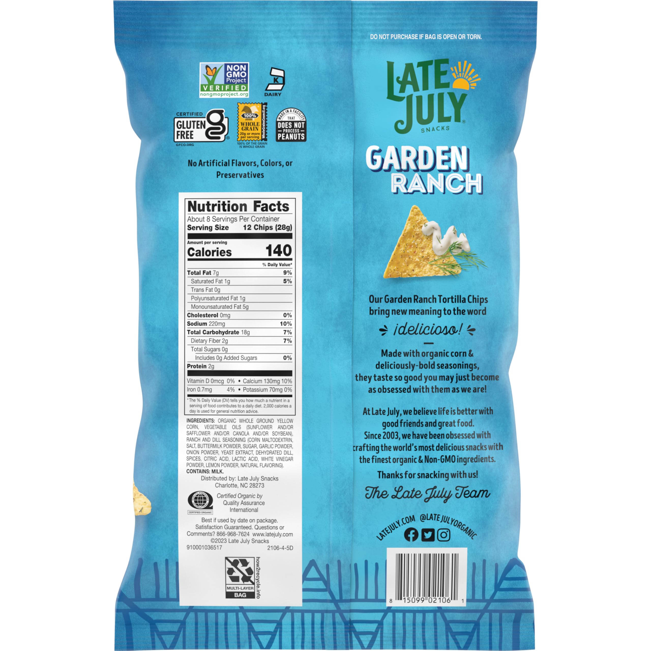 Late July Garden Ranch tortilla chips on kitchen counter, gluten-free, Non-GMO snack.