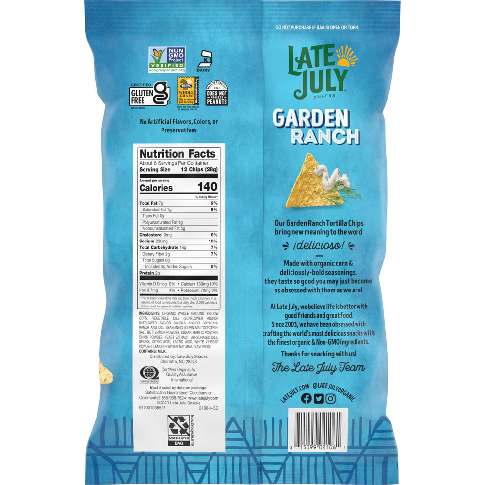 Late July Garden Ranch tortilla chips on kitchen counter, gluten-free, Non-GMO snack.