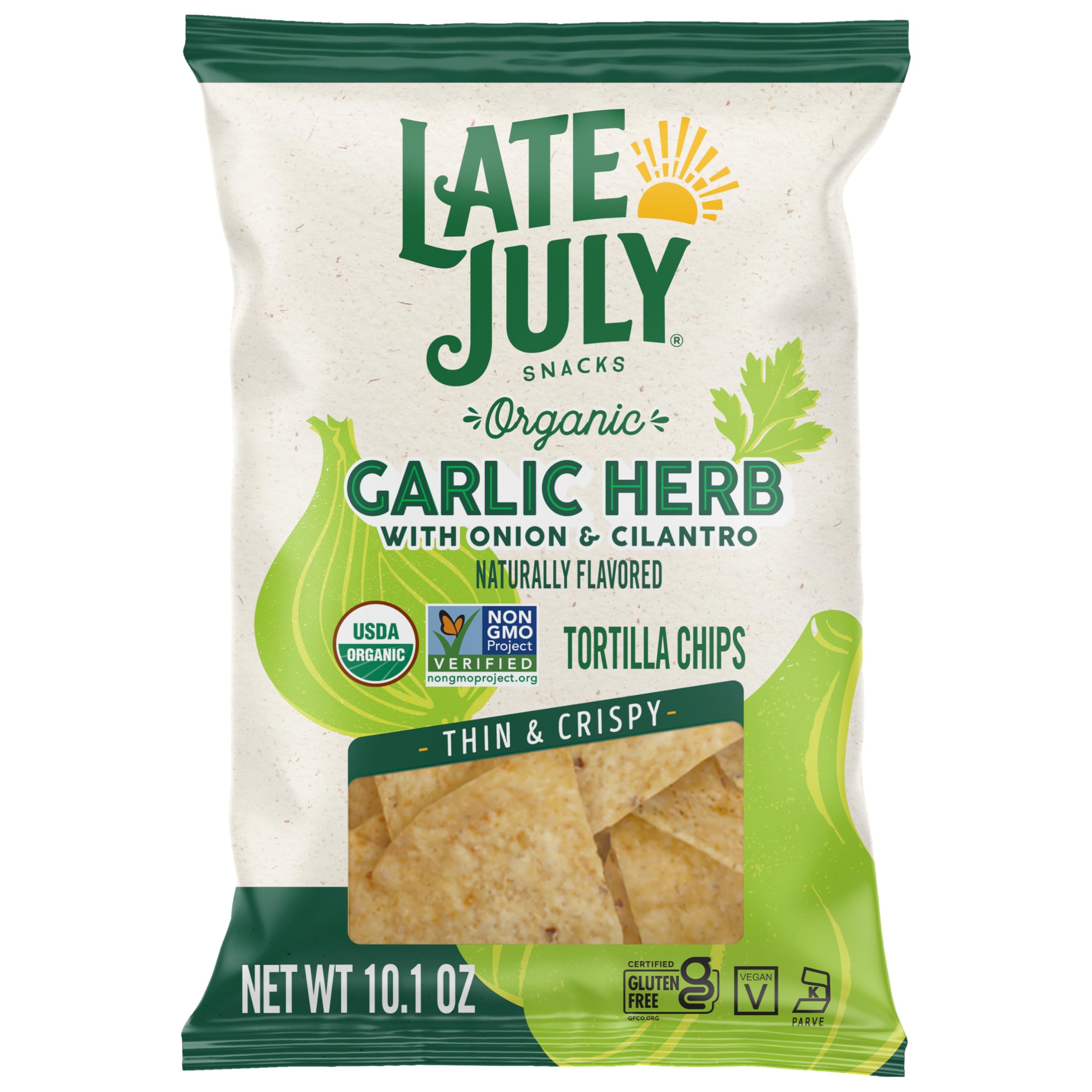 Late July Garlic Herb Tortilla Chips bag ready for snacking and dipping.