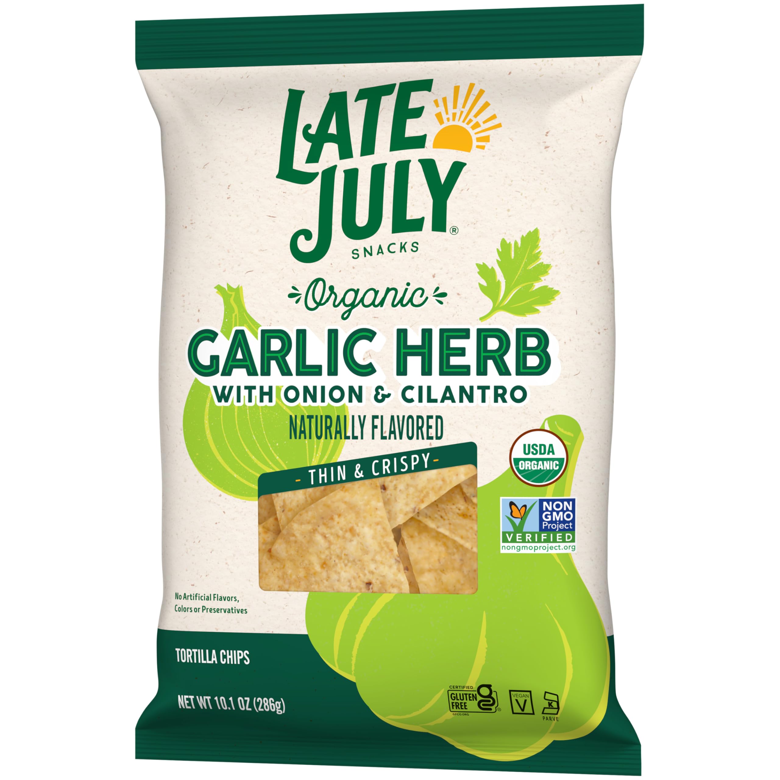 Bowl of Late July Garlic Herb Tortilla Chips beside salsa for sharing.