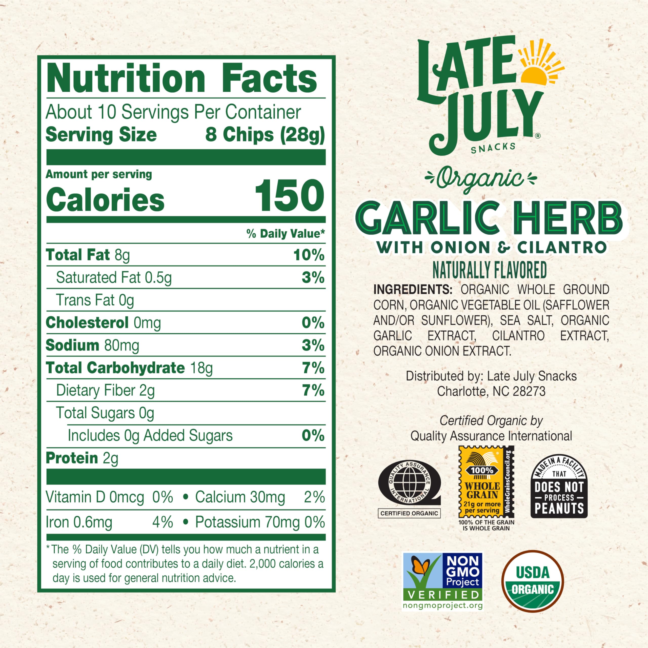 Close-up of Late July Garlic Herb Tortilla Chips showing thin crispy texture.