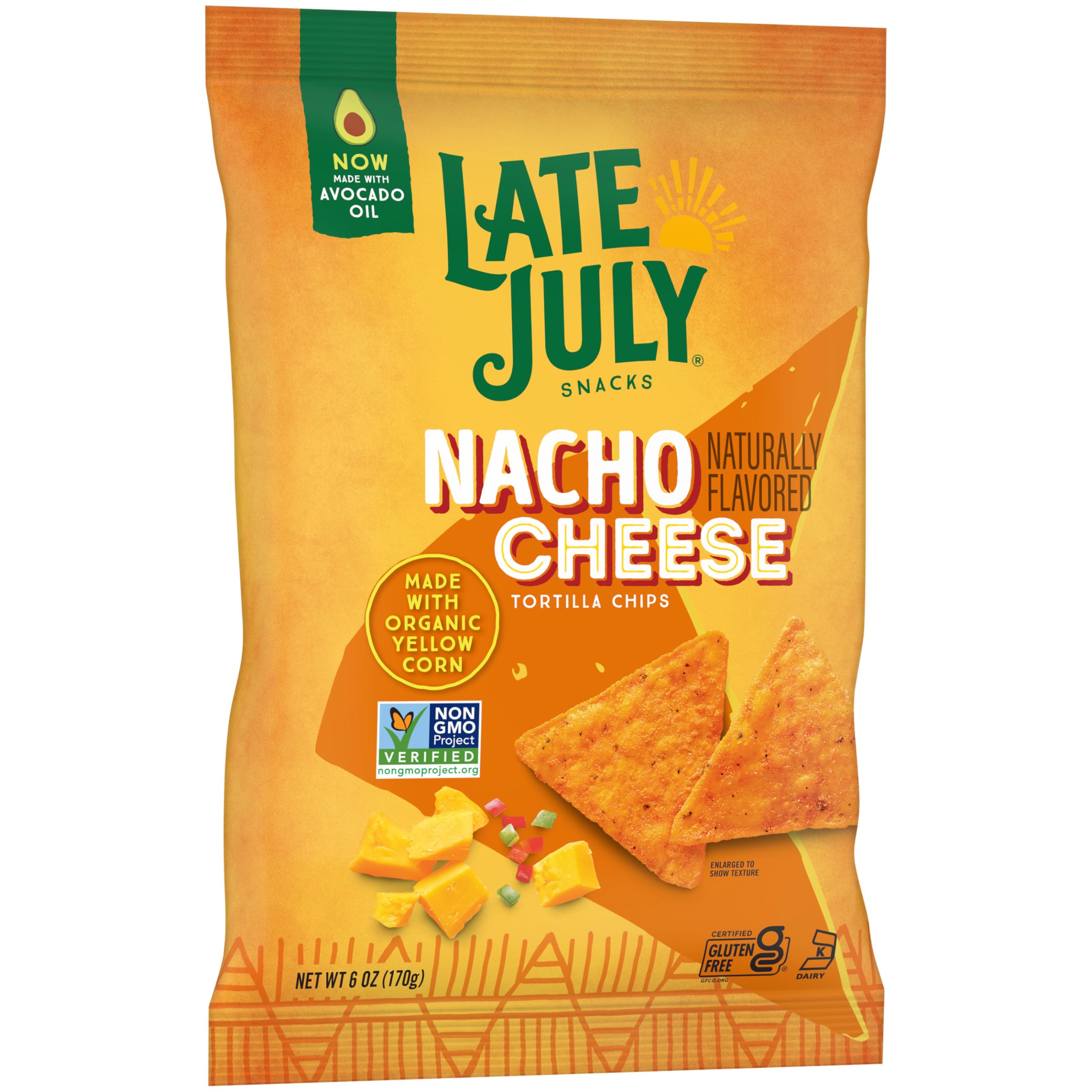 Late July chips with gluten-free claim and authentic nacho spices for bold snacking