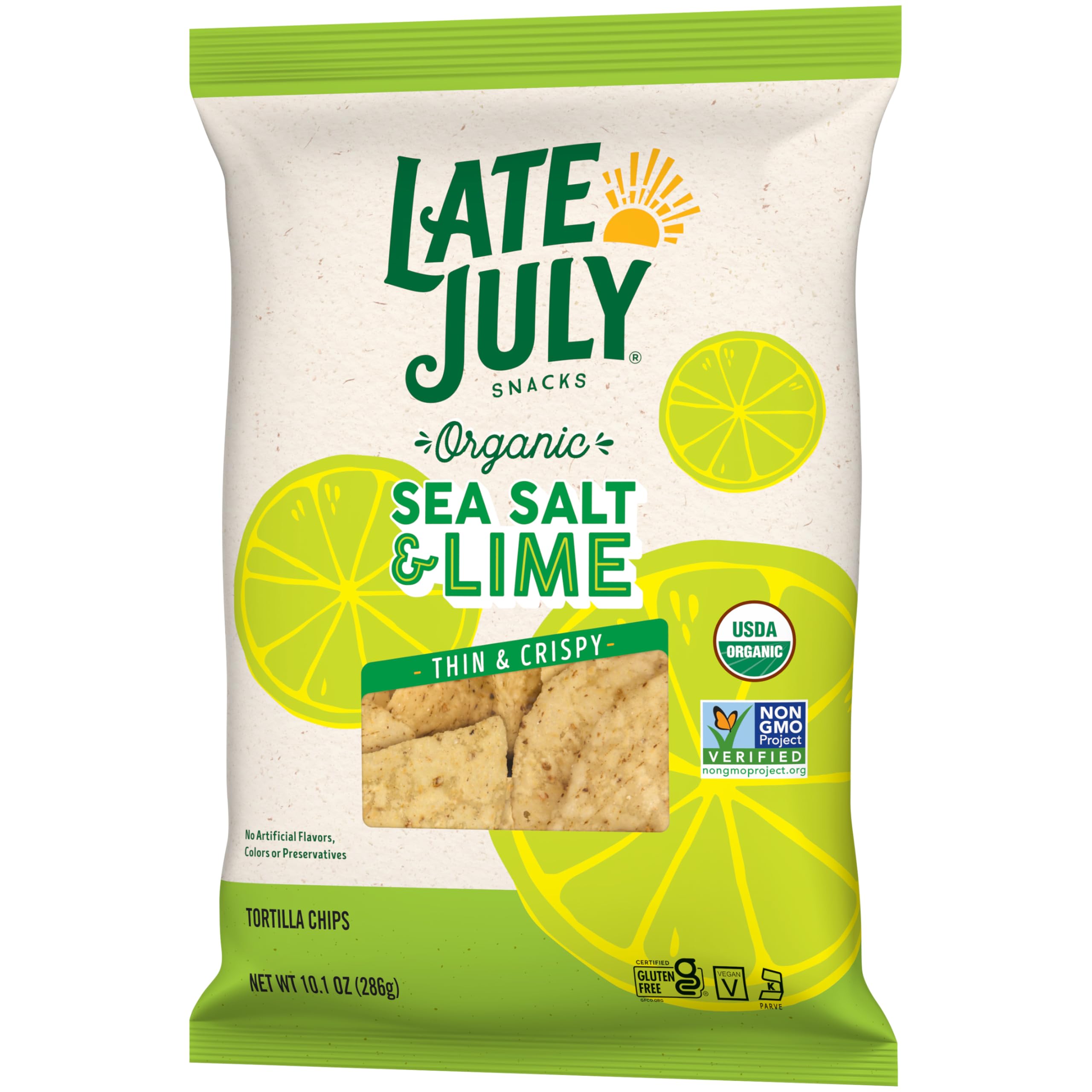 Late July gluten free tortilla chips pack highlighting allergy-friendly snack option.