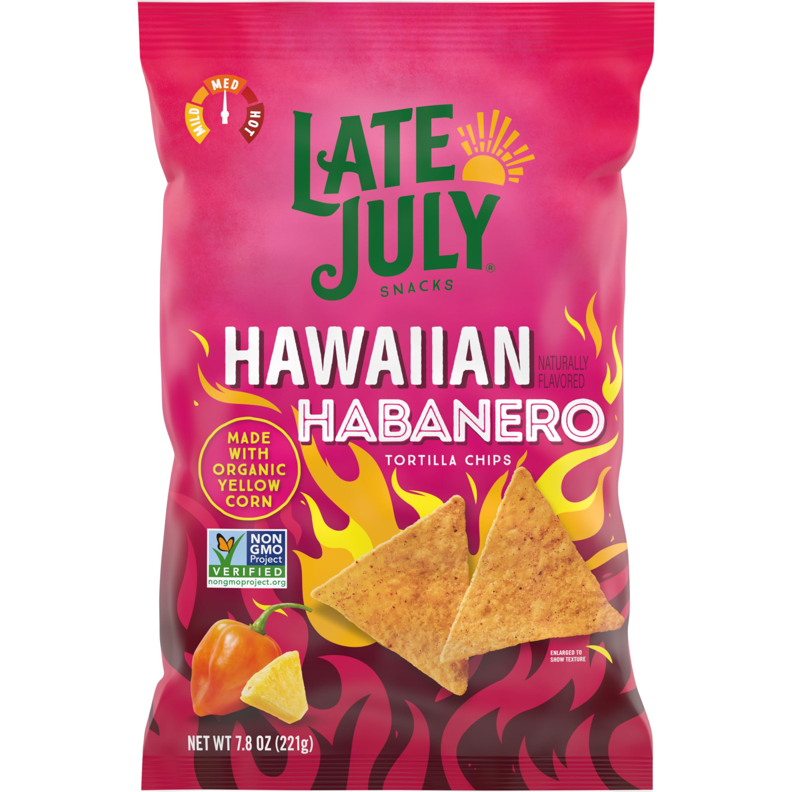 Late July Hawaiian Habanero chips bag highlights organic corn tortilla crisps for a tropical snack.