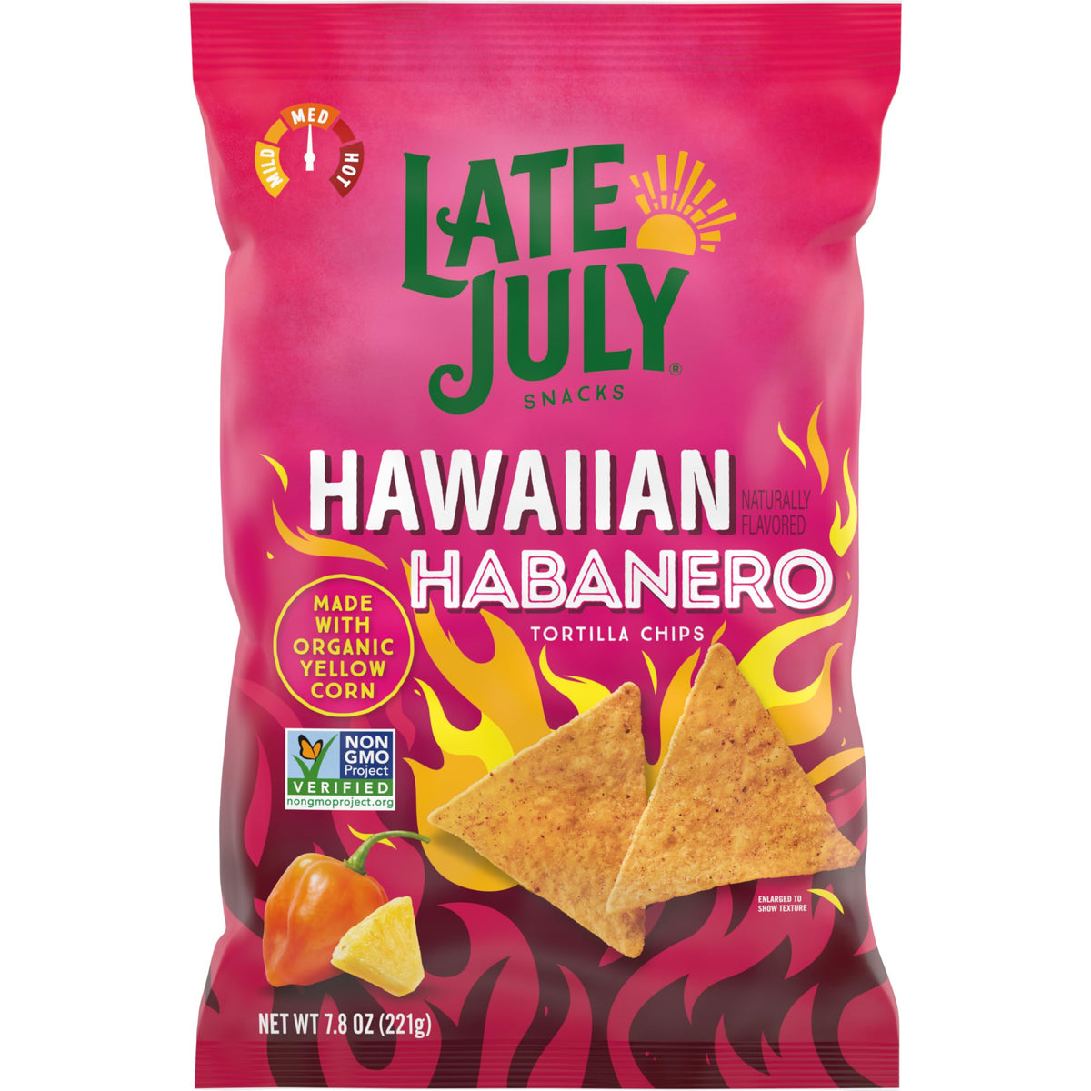 Late July Hawaiian Habanero chips bag highlights organic corn tortilla crisps for a tropical snack.