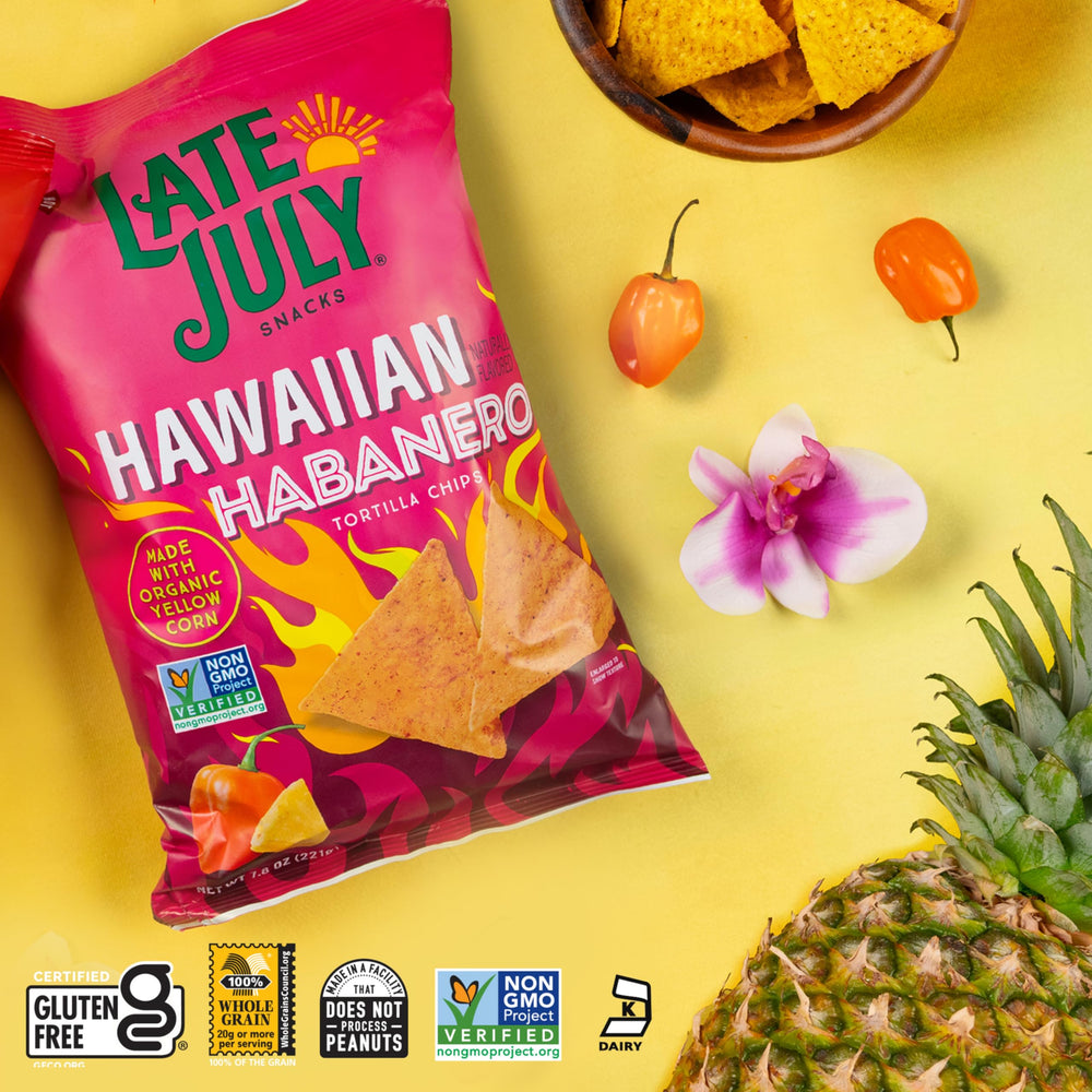 Late July chips packaging displays 7.8-ounce bag and non-GMO verification for transparency.