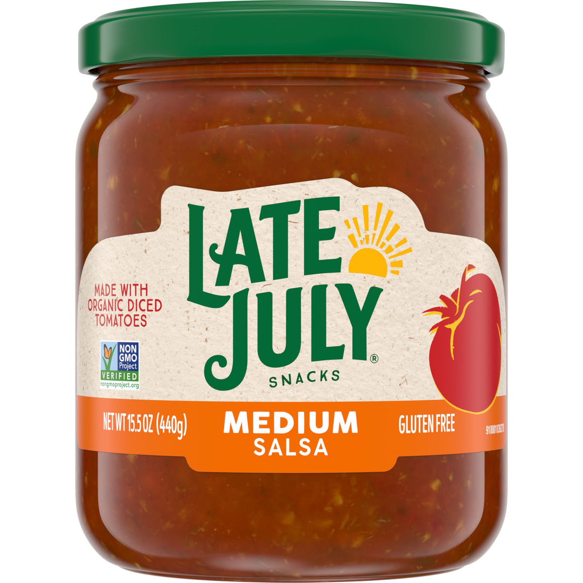 Late July medium salsa jar view highlighting organic ingredients for a bold dipping experience.