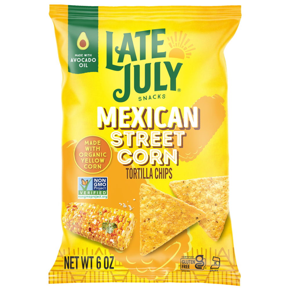 Late July Mexican Street Corn Tortilla Chips bag shows bold flavor, gluten-free snacking.