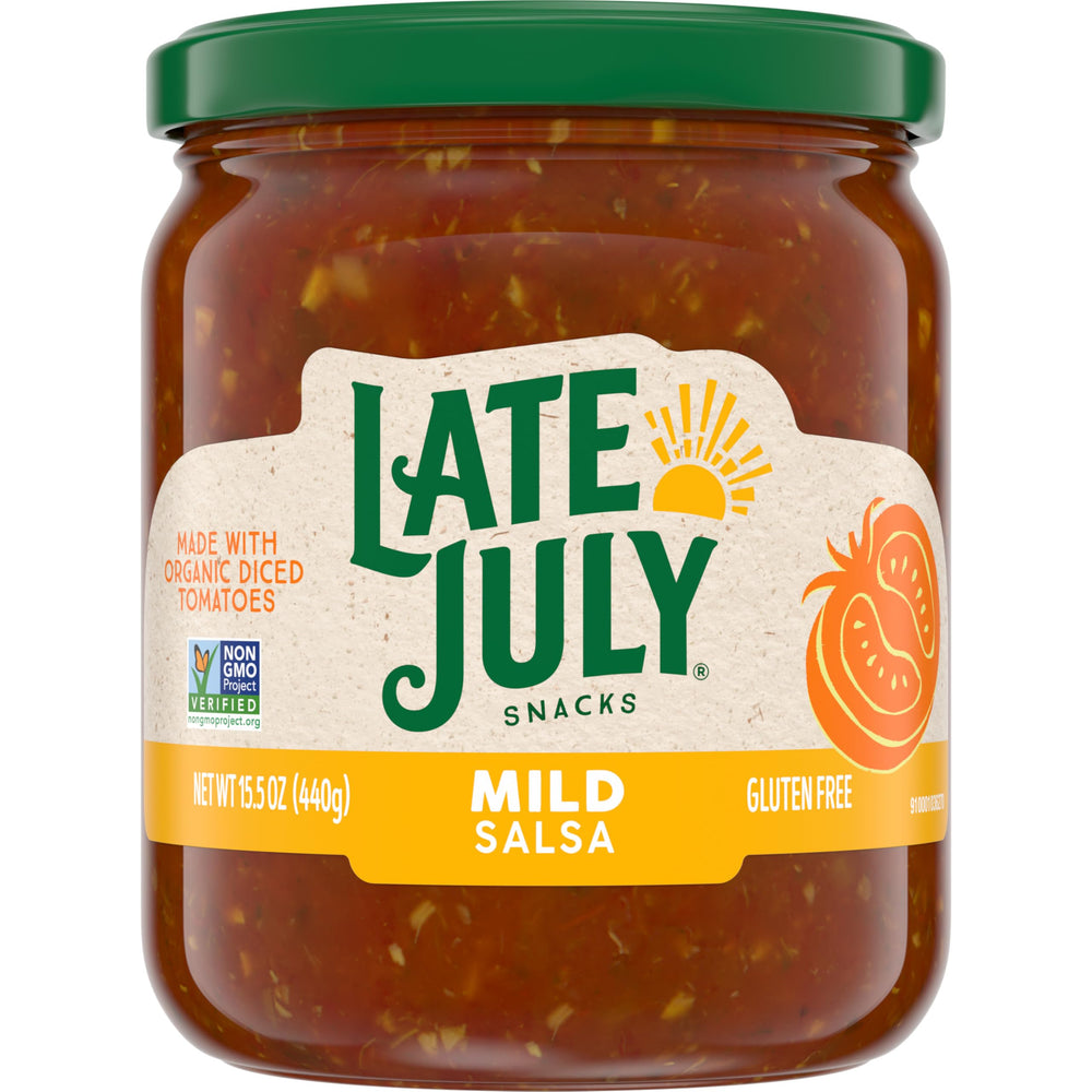 Late July Mild Salsa jar ready for dipping with organic ingredients